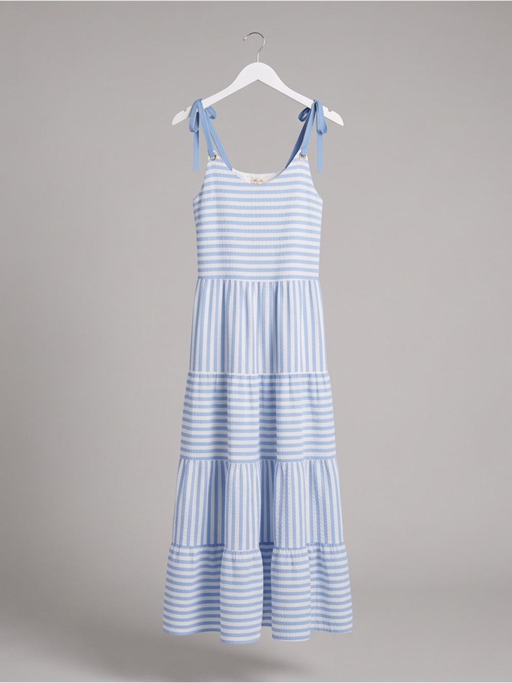 Blue & White Striped Tie-Shoulder Tiered Maxi Dress